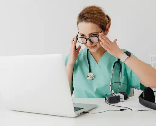 Infirmière libérale consultant sa déclaration des revenus sur ordinateur dans son cabinet