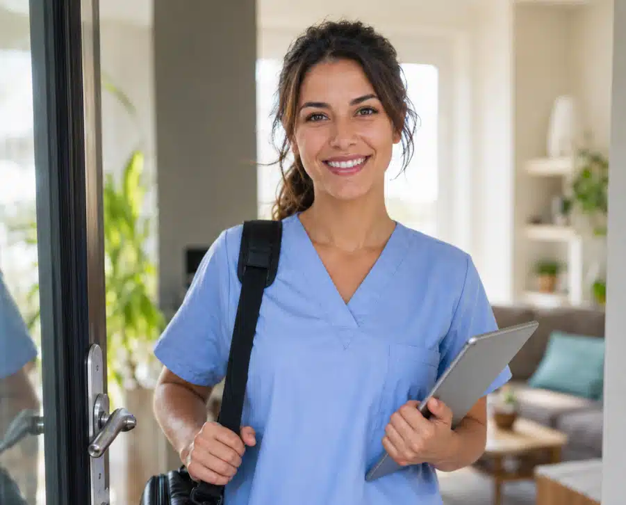 Taux de cotisation infirmière libérale : calcul et charges Infirmière libérale souriante avec une tablette et un sac médical lors d’une visite à domicile