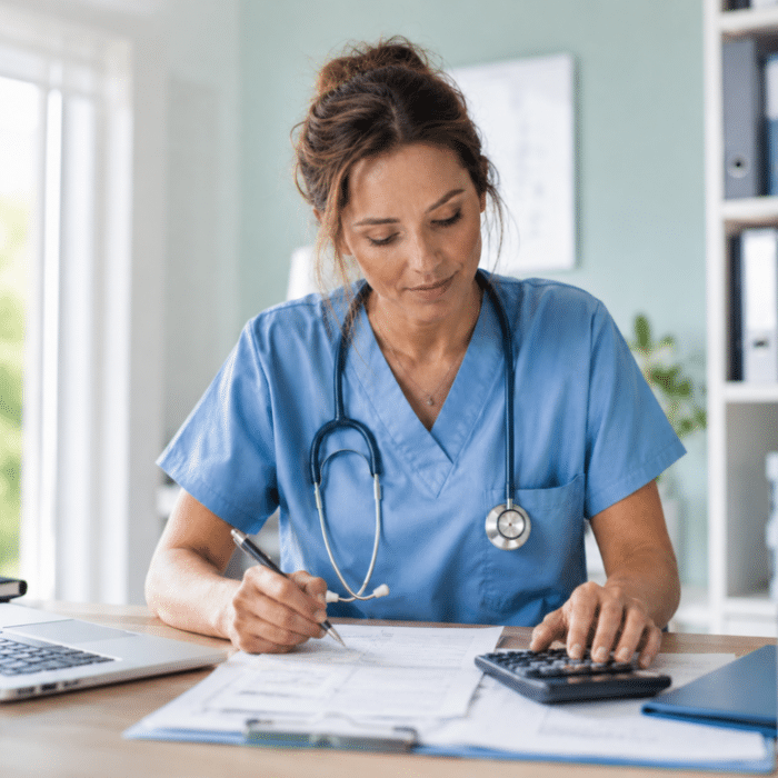 Infirmière libérale en train de calculer ses charges sociales avec des documents comptables et une calculatrice