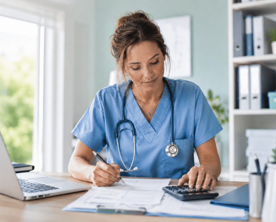 Infirmière libérale en train de calculer ses charges sociales avec des documents comptables et une calculatrice